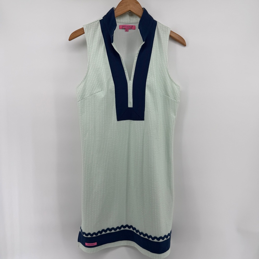 Simply Southern Mint Green Navy Blue Dash Print Sleeveless Shift Dress Small